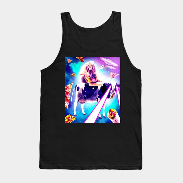 Space Cat Riding Dog And Laser Eyes Cow Tank Top by Random Galaxy